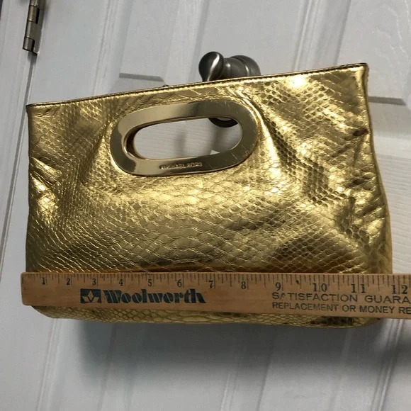 Michael Kors Berkeley Metallic Gold Leather Snakeskin Print Clutch Bag - Picture 10 of 12